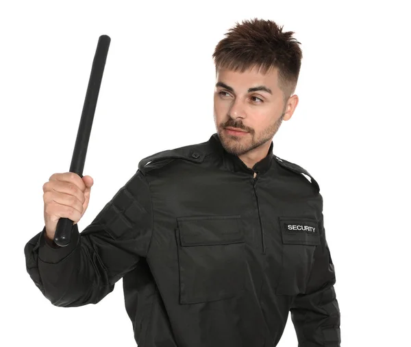 Masculino segurança guarda no uniforme com polícia bastão no branco fundo — Fotografia de Stock