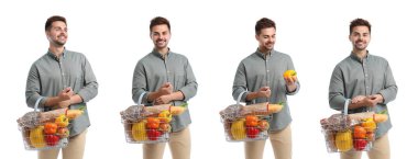 Beyaz arka plan üzerinde alışveriş sepeti ile genç adam seti