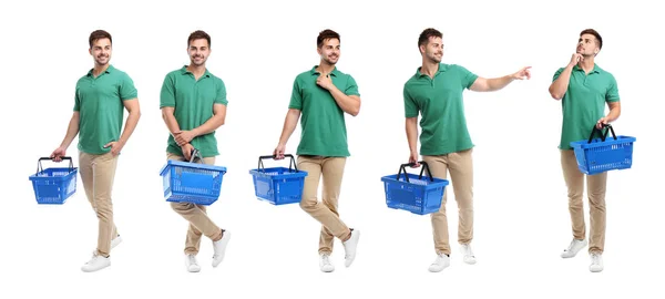 Conjunto de jovem com cesta de compras no fundo branco — Fotografia de Stock