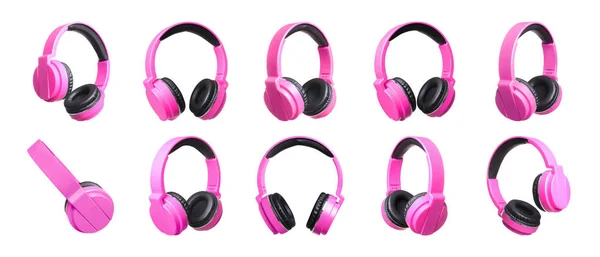 Set de modernos auriculares rosa sobre fondo blanco —  Fotos de Stock