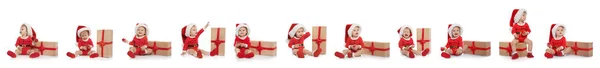Uppsättning av söta lilla barnet i julen kostym och gåva på vit bakgrund. Banner design — Stockfoto