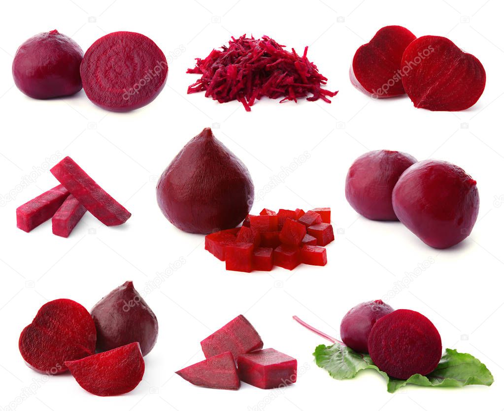 Set of delicious beets on white background