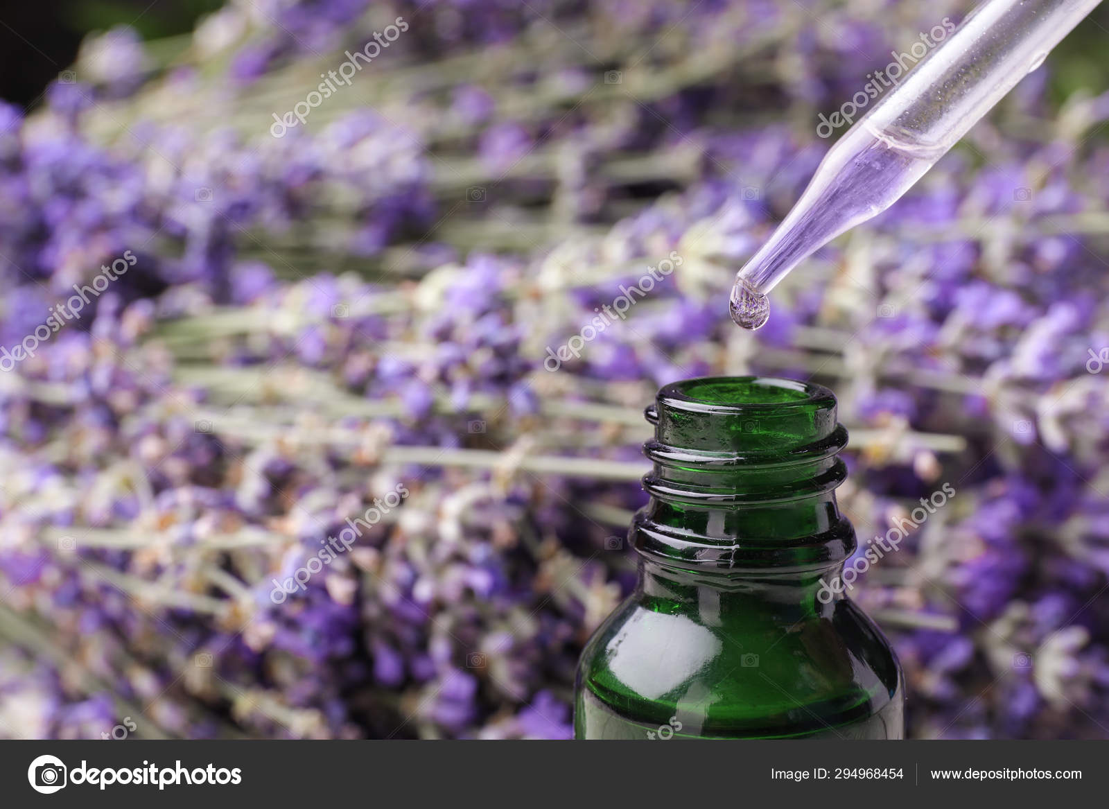 Aceite esencial natural que gotea de la pipeta en botella contra las flores  de lavanda, primer plano. Espacio para texto: fotografía de stock ©  NewAfrica #294968454 | Depositphotos