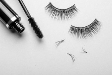 Beyaz arka planda sahte kirpikler ve maskara