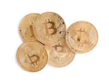 Beyaz, üst görünümde izole Bitcoins yığını. Dijital para birimi