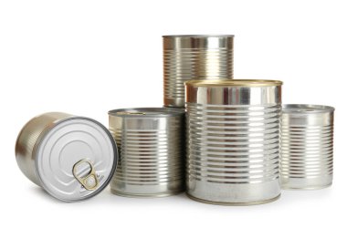 Many closed tin cans isolated on white, mockup for design clipart