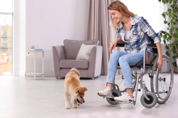 Молодая женщина в инвалидной коляске с щенком дома — стоковое фото