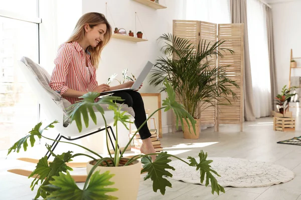 Jonge vrouw met laptop thuis, ruimte voor tekst. Trendy kamer interieur met planten — Stockfoto