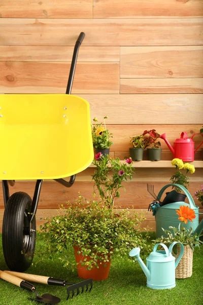 Wheelbarrow with gardening tools and flowers near wooden wall — Stock Photo, Image