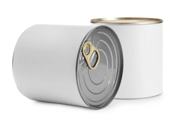 Closed tin cans isolated on white, mockup for design — Stock Photo, Image