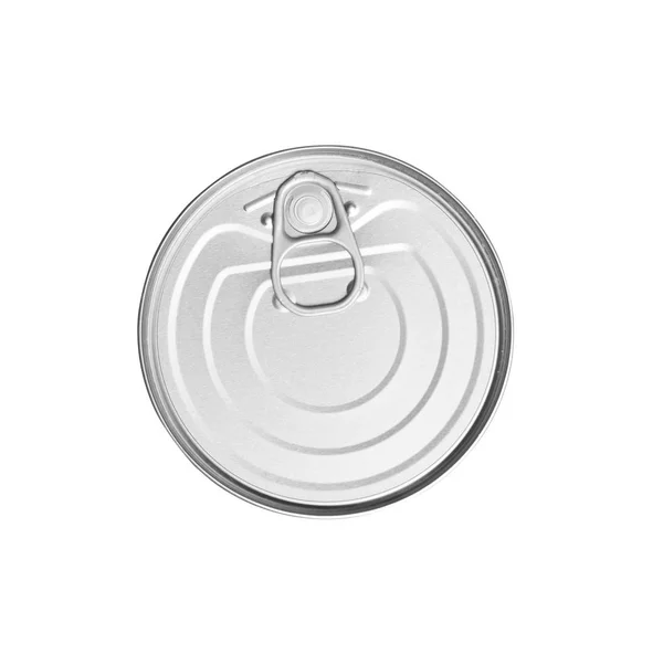 Closed tin can with ring isolated on white, top view — Stock Photo, Image