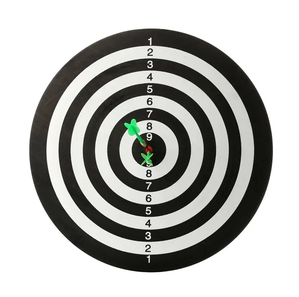 Green arrows hitting target on dart board against white background — Stock Photo, Image