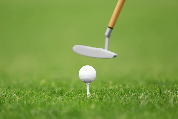Bít golfový míček s holí na zelené hřiště — Stock fotografie