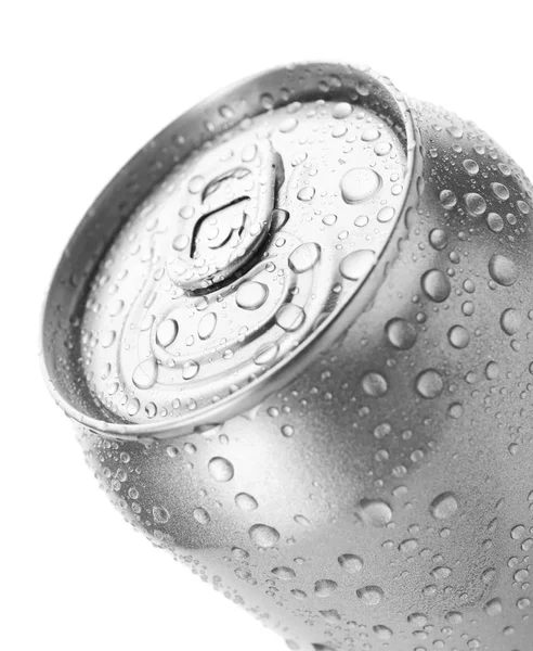 Aluminum can of beverage covered with water drops on white background — Stock Photo, Image