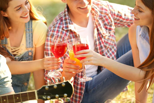 Young people enjoying picnic in park on summer day