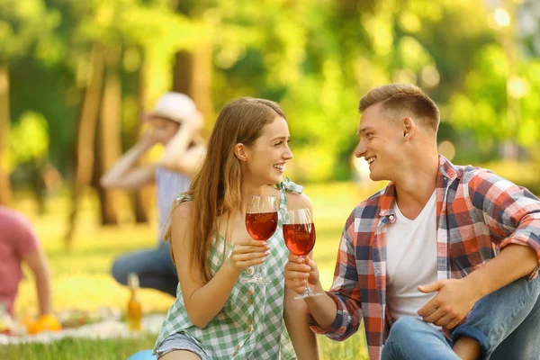 Jong stel genietend van een picknick in het Park op de zomerdag — Stockfoto