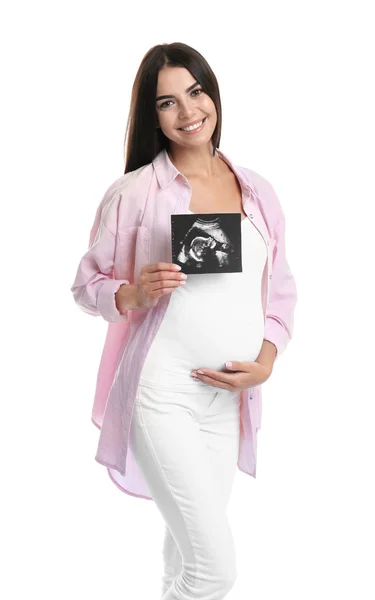Happy pregnant woman with ultrasound picture on white background — Stock Photo, Image
