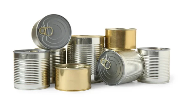 Closed tin cans isolated on white, mockup for design Stock Image