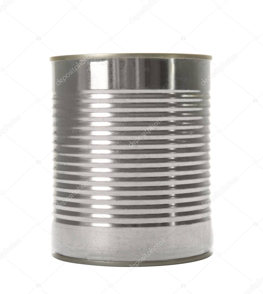 Closed tin can isolated on white, mockup for design