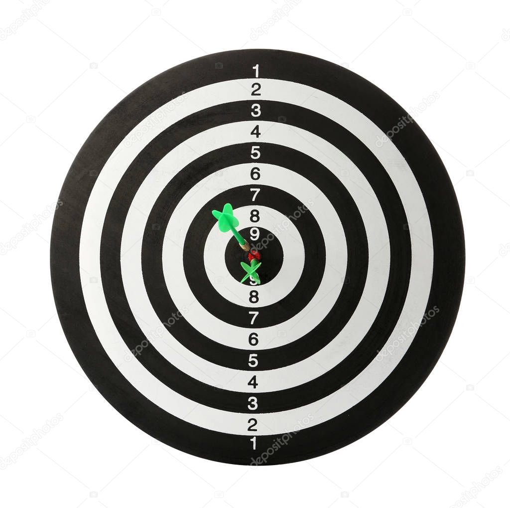 Green arrows hitting target on dart board against white background