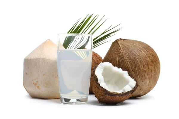 Vaso de leche de coco y nueces sobre fondo blanco — Foto de Stock