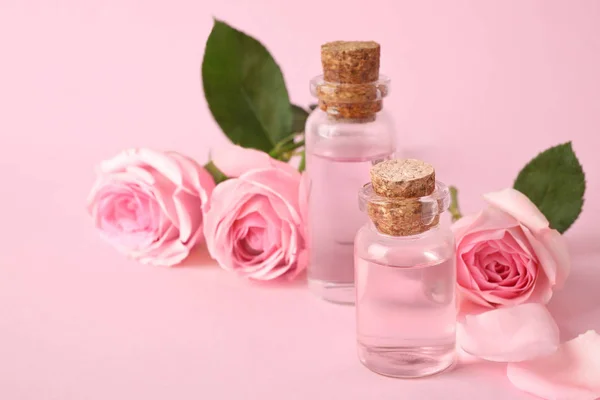 Garrafas de óleo essencial e rosas sobre fundo rosa — Fotografia de Stock