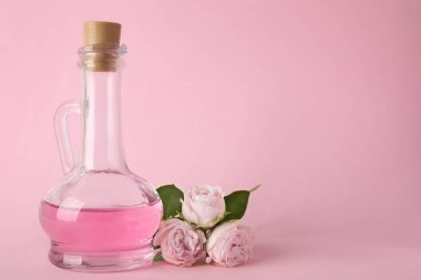 Pembe arka plan üzerinde uçucu yağ ve gül şişe. Metin için alan