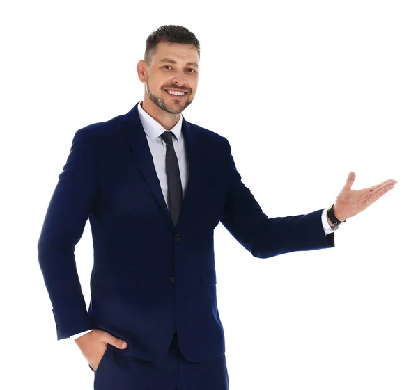 Professionelle Businesstrainerin zeigt etwas auf weißem Hintergrund — Stockfoto