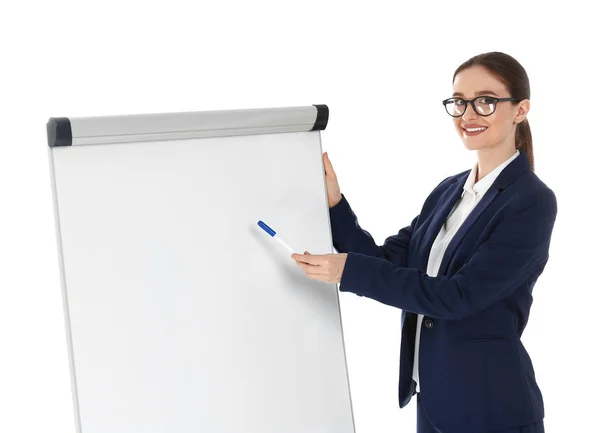 Professzionális üzleti tréner közelében flip chart tábla fehér háttér. Szóköz a szöveghez — Stock Fotó