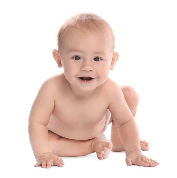 Bebê bonito sentado no fundo branco — Fotografia de Stock