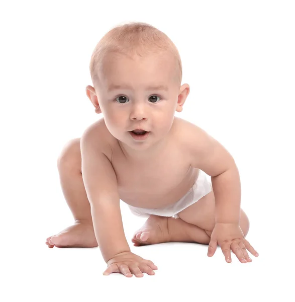 Schattig klein baby kruipen op witte achtergrond — Stockfoto