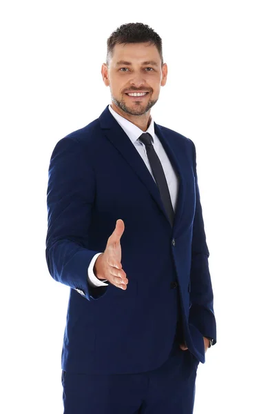 Professional business trainer reaching for handshake on white background — Stock Photo, Image