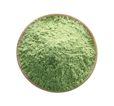 Beyaz arka plan üzerinde buğday çim tozu ile Kase, üst görünümü