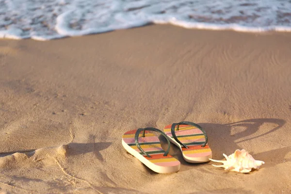 Infradito alla moda e conchiglia sulla sabbia vicino al mare, spazio per il testo. Accessori da spiaggia — Foto Stock