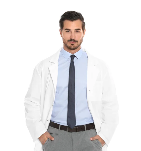 Portrait of young male doctor on white background. Pelayanan medis — Stok Foto
