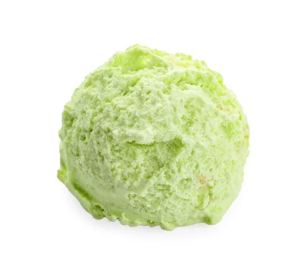 Scoop of delicious pistachio ice cream on white background, top view Stock Photo