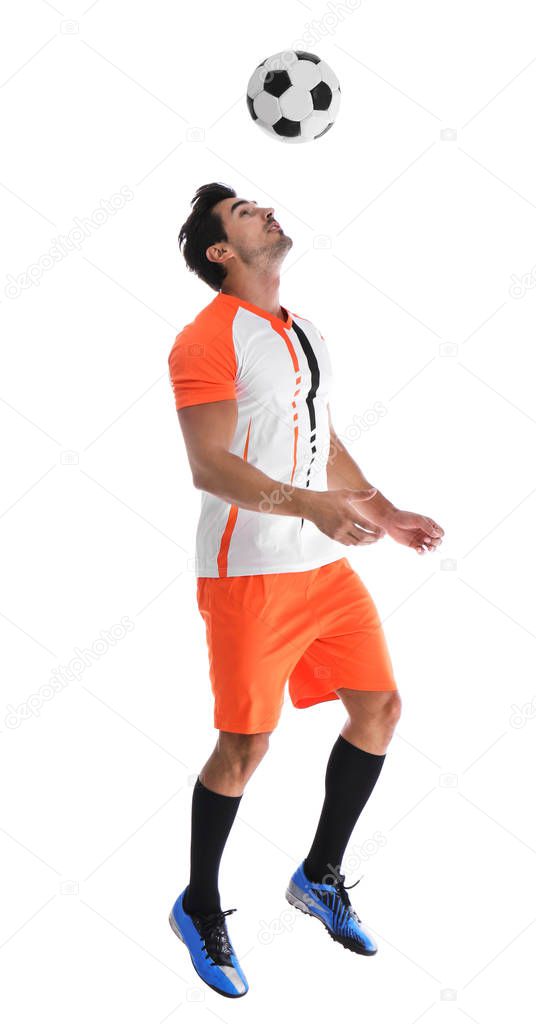 Young man playing football on white background