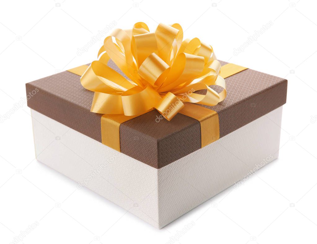 Beautiful gift box with bow on white background