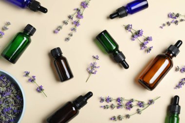 Bej arka plan üzerinde uçucu yağ ve lavanta çiçek Şişeleri, düz yatıyordu