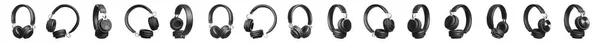 Conjunto de fones de ouvido pretos modernos no fundo branco. Design de banner — Fotografia de Stock