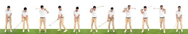 Collage van jonge man golfen op groen gras tegen witte achtergrond. Banner ontwerp — Stockfoto