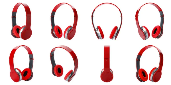 Set moderner roter Kopfhörer auf weißem Hintergrund — Stockfoto