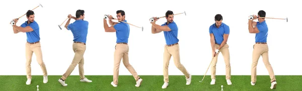 Kollázs a fiatal férfi golfozik a zöld fű ellen, fehér háttér. Szalagtervezés — Stock Fotó