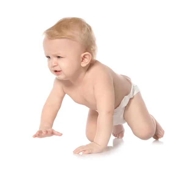 Niedliches kleines Baby kriecht auf weißem Hintergrund — Stockfoto