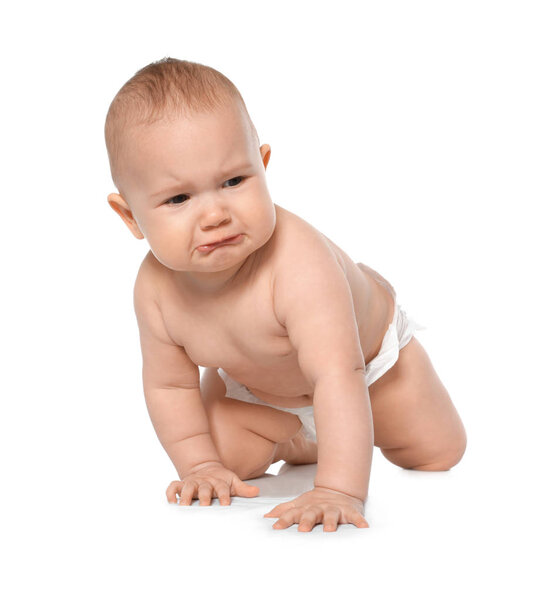 Cute little baby crawling on white background