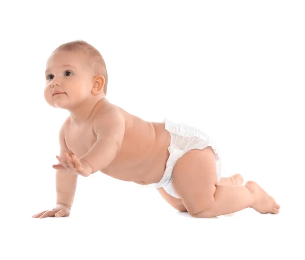Bonito pouco bebê rastejando no branco fundo — Fotografia de Stock