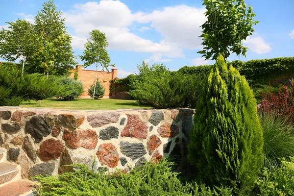 Malerische Landschaft mit schönem grünen Garten an sonnigen Tagen — Stockfoto