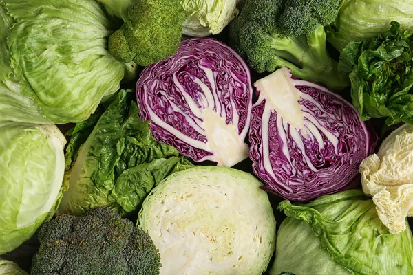 Different types of cabbage as background, top view — Stock Photo, Image