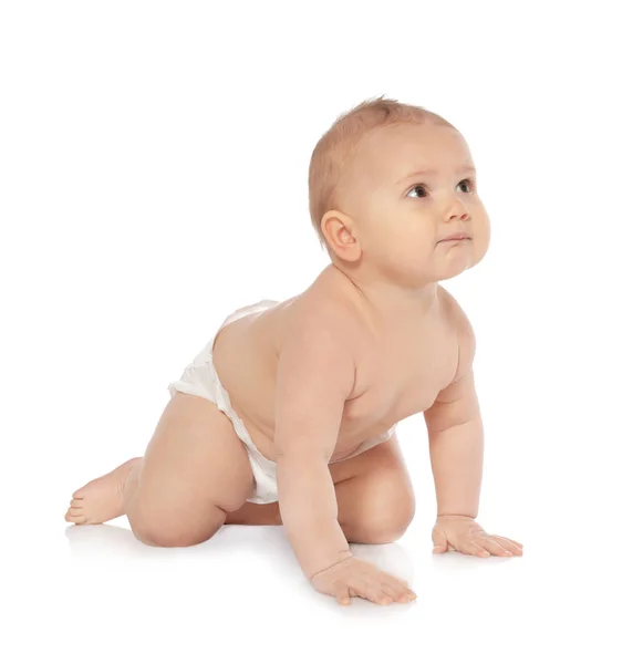 Cute little baby crawling on white background Stock Picture