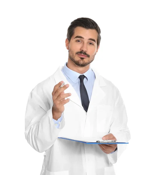 Young male doctor with clipboard on white background. Medical service — Stock Photo, Image